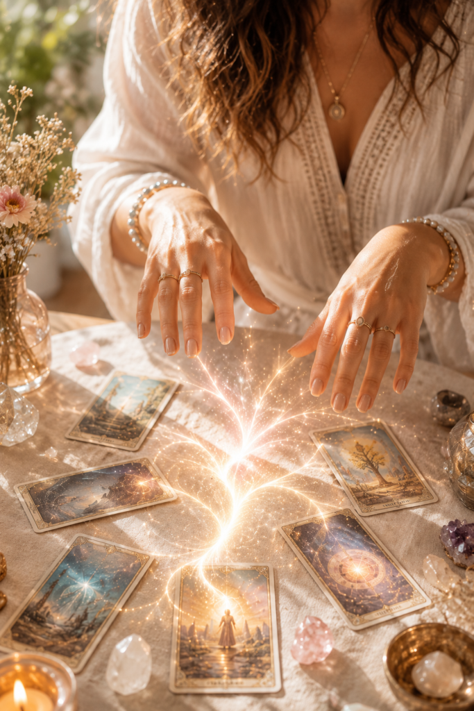 Mains au-dessus de cartes symbolisant la futurologie et la guidance intuitive