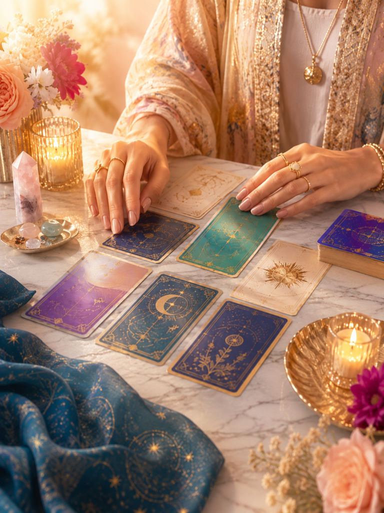 Cartes de tarot posées sur une table lumineuse