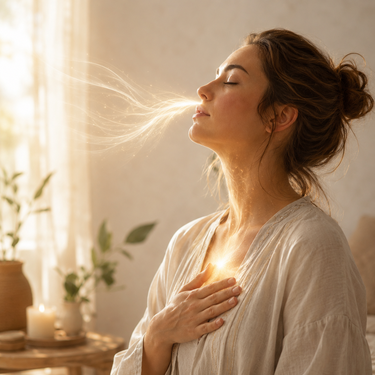 Femme respirant en pleine conscience pour illustrer les soins par le mouvement