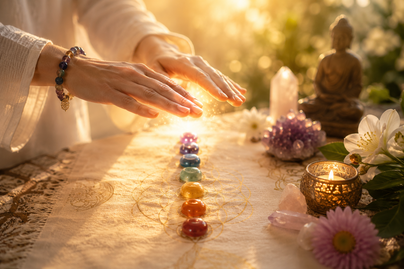 Soin énergétique autour des chakras avec pierres colorées et lumière douce