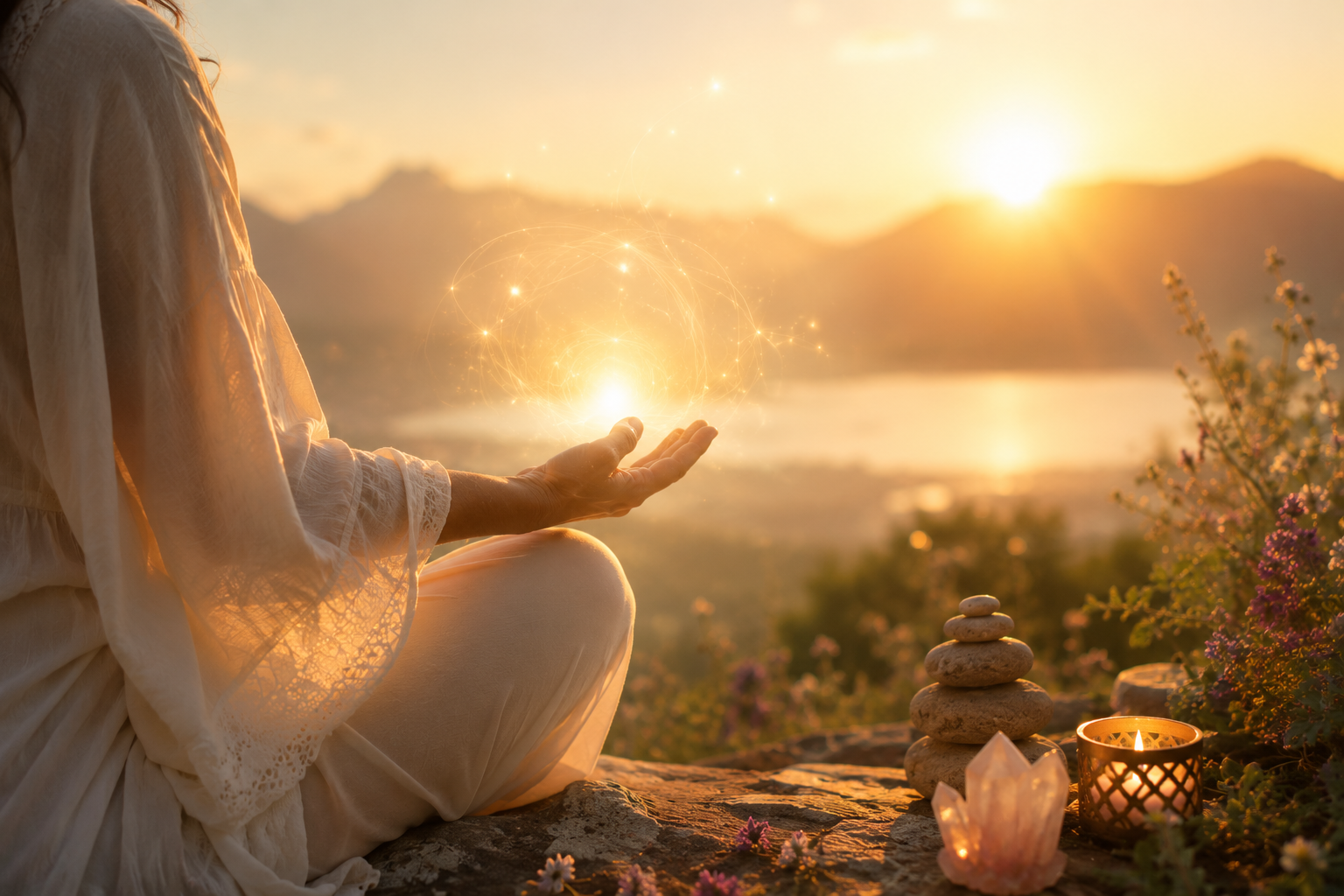 Personne en méditation avec lumière douce symbolisant l’aura et les ressentis subtils